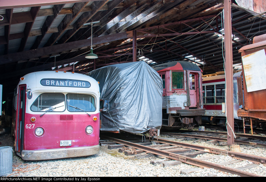 Buses, trolleys and interurbans share shed space at the Seashore Troley Museum